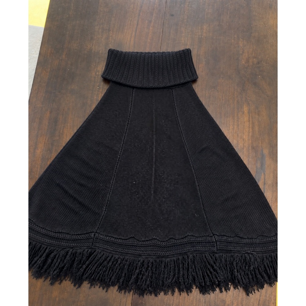 Turtleneck Poncho Fringed Knit Capelet Goth Witchy Boho Black One Size
